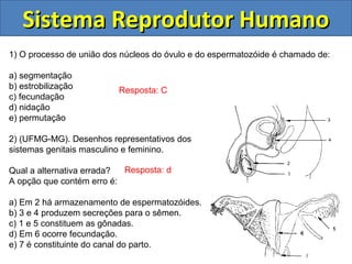 Sistema Reprodutor HumanoSistema Reprodutor Humano
1) O processo de união dos núcleos do óvulo e do espermatozóide é chamado de:
a) segmentação
b) estrobilização
c) fecundação
d) nidação
e) permutação
2) (UFMG-MG). Desenhos representativos dos
sistemas genitais masculino e feminino.
Qual a alternativa errada?
A opção que contém erro é:
a) Em 2 há armazenamento de espermatozóides.
b) 3 e 4 produzem secreções para o sêmen.
c) 1 e 5 constituem as gônadas.
d) Em 6 ocorre fecundação.
e) 7 é constituinte do canal do parto.
Resposta: C
Resposta: d
 