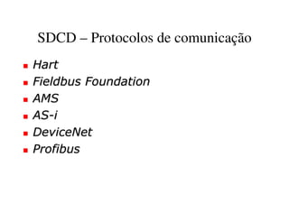 SDCD – Protocolos de comunicação
Hart
Fieldbus Foundation
AMS
AS-i
DeviceNet
Profibus
 