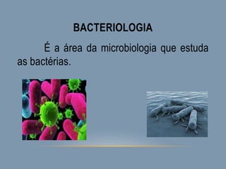 BACTERIOLOGIA
É a área da microbiologia que estuda
as bactérias.
 