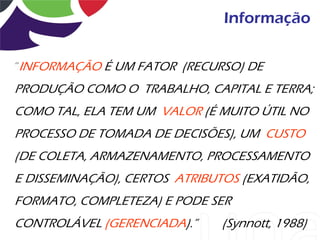 Informação

“INFORMAÇÃO É UM FATOR (RECURSO) DE
PRODUÇÃO COMO O TRABALHO, CAPITAL E TERRA;
COMO TAL, ELA TEM UM VALOR (É MUITO ÚTIL NO
PROCESSO DE TOMADA DE DECISÕES), UM CUSTO
(DE COLETA, ARMAZENAMENTO, PROCESSAMENTO
E DISSEMINAÇÃO), CERTOS ATRIBUTOS (EXATIDÃO,
FORMATO, COMPLETEZA) E PODE SER
CONTROLÁVEL (GERENCIADA).”    (Synnott, 1988)
 