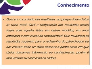 Conhecimento

• Qual era o contexto dos resultados, ou porque foram feitos
  os crash tests? Qual a comparação dos resultados desses
  testes com aqueles feitos em outros modelos, em anos
  anteriores e com carros da concorrência? Que mudanças os
  resultados sugeriam para o redesenho do pára-choque ou
  dos chassis? Pode ser difícil observar o ponto exato em que
  dados tornam-se informação ou conhecimento, porém é
  fácil verificar sua ascensão na cadeia.
 