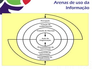 Arenas de uso da
                        Informação

   Percepção

    Criação de
  conhecimento

Tomada de Decisão




    Ação da
  Organização



Processamento da
   Informação

 Conversão da
  Informação
Interpretação da
  Informação
 