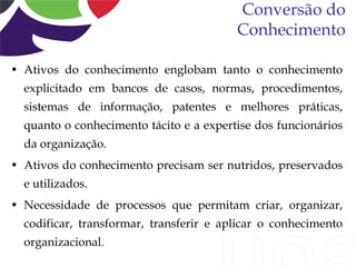 Conversão do
                                         Conhecimento

• Ativos do conhecimento englobam tanto o conhecimento
  explicitado em bancos de casos, normas, procedimentos,
  sistemas de informação, patentes e melhores práticas,
  quanto o conhecimento tácito e a expertise dos funcionários
  da organização.
• Ativos do conhecimento precisam ser nutridos, preservados
  e utilizados.
• Necessidade de processos que permitam criar, organizar,
  codificar, transformar, transferir e aplicar o conhecimento
  organizacional.
 