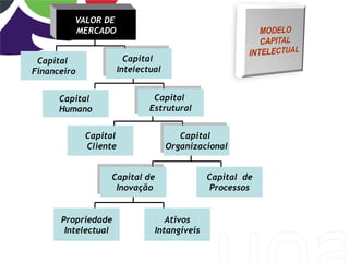 VALOR DE
         MERCADO


 Capital                 Capital
Financeiro             Intelectual


      Capital                   Capital
      Humano                   Estrutural


             Capital                    Capital
             Cliente                 Organizacional


                   Capital de                 Capital de
                    Inovação                  Processos


      Propriedade                  Ativos
       Intelectual              Intangíveis
 