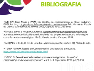 BIBLIOGRAFIA

NEHMY, Rosa Maria e PAIM, Ísis. Gestão do conhecimento, a “doce barbárie”.
PAIM, Ísis (org.). A gestão da informação e do conhecimento. Belo Horizonte: Escola
da Ciência da Informação. UFMG, 2003, Capítulo 10 (p. 267-306)

McGEE, James e PRUSAK, Laurence. Gerenciamento Estratégico da Informação –
aumente a competitividade e a eficiência de sua empresa utilizando a informação
como ferramenta estratégica. 12ª Ed. Rio de Janeiro: Campos, 1994.

MORAES, L. B. de. O fim de uma Era - As transformações do Séc. XX. Notas de aula.

TERRA FORUM, Gestão do Conhecimento, Colaboração e Inovação.
http://www.terraforum.com.br/index.html

SAVIC, D. Evolution of information resource management. Journal of
Librarianship and Information Science, v. 24, n. 3, September 1992, p.127-138.
 