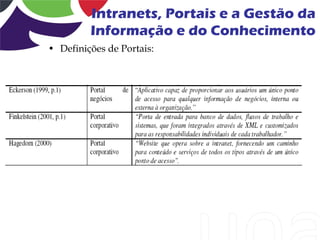 Intranets, Portais e a Gestão da
         Informação e do Conhecimento
• Definições de Portais:
 