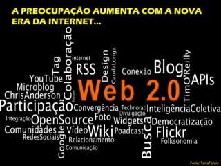 A PREOCUPAÇÃO AUMENTA COM A NOVA
ERA DA INTERNET...




                              Fonte: TerraForum
 