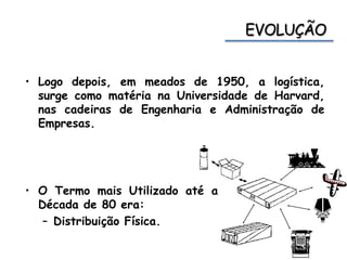 • Logo depois, em meados de 1950, a logística,
surge como matéria na Universidade de Harvard,
nas cadeiras de Engenharia e Administração de
Empresas.
• O Termo mais Utilizado até a
Década de 80 era:
– Distribuição Física.
 
