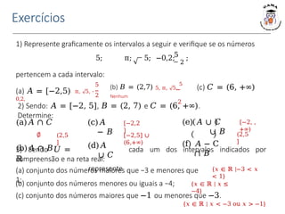 Exercícios
1) Represente graficamente os intervalos a seguir e verifique se os números
5
5; π; 5; −0,2;
2
;
pertencem a cada intervalo:
5
(a) 𝐴 = [−2,5) π, √5, -
0,2,
2
(b) 𝐵 = (2,7) 5, π, √5,
5
(c) 𝐶 = (6, +∞)
Nenhum
2
2) Sendo: 𝐴 = [−2, 5], 𝐵 = (2, 7) e 𝐶 = (6, +∞).
Determine:
(a)𝐴 ∩ 𝐶
∅
(b)𝐴 ∩ 𝐵
(e) 𝐴 ∪ 𝐶
∪ 𝐵
(f) 𝐴 − C
∩ 𝐵
(2,5
]
[−2,2
]
[−2,5] ∪
(6,+∞)
[−2, ,
+∞)
(2,5
]
3) Sendo 𝑈 =
ℝ
(c)𝐴
− 𝐵
(d)𝐴
∪ 𝐶
represente
cada um dos intervalos indicados por
compreensão e na reta real:
(a) conjunto dos números maiores que −3 e menores que
1;
(b) conjunto dos números menores ou iguais a −4;
{𝑥 ∈ ℝ |−3 < 𝑥
< 1}
{𝑥 ∈ ℝ | 𝑥 ≤
−4}
(c) conjunto dos números maiores que −1 ou menores que −3.
{𝑥 ∈ ℝ | 𝑥 < −3 ou 𝑥 > −1}
 