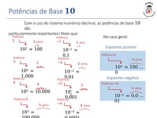 Com o uso do sistema numérico decimal, as potências de base 10
são
particularmente importantes! Note que:
Potências de Base 𝟏𝟎
103 =
1.000
2 zeros
102 = 100
Potência
2
3
zeros
Potência
3
Potência
4
4
zeros
−
3
10 =
0,001
1 zero
10−1 =
0,1
Potência
−1
2 zeros
10−2 =
0,01
Potência
−2
Potência
−3
3
zeros
No caso geral:
Potência 𝑛
𝑛 zeros
10𝑛 = 100 …
0
Expoente positivo
Potência −𝑛
𝑛 zeros
10−𝑛 = 0,0 …
01
Expoente negativo
104 = 10.000
Potência 5
5 zeros
105 =
Potência
−4
4 zeros
10−4 =
 