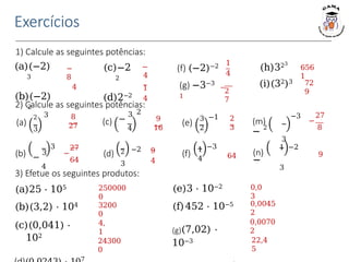 Exercícios
1) Calcule as seguintes potências:
(a)(−2)
3
(b)(−2)
2
(c)−2
2
(d)2−2
(f) (−2)−2
−
8
(h)323
(i)(32)3
4
−
4
1
4
1
4
(g) −3−3
−
1
2
7
656
1
72
9
2) Calcule as seguintes potências:
(a)
2 3
3
8
27 (c)
2
−
3
4
9
16
(e) 3
2
−1 2
3
(m)
− 2
3
−3 27
−
8
(b) −
3
4
3 27
−
64
(d) 2 −2
3
9
4
(f) 1
4
−3
64
1
(n)
−
3
−2
9
3) Efetue os seguintes produtos:
(a)25 ⋅ 105
(b)(3,2) ⋅ 104
(c)(0,041) ⋅
102
7
(e)3 ⋅ 10−2
(f)452 ⋅ 10−5
(g)(7,02) ⋅
10−3
250000
0
3200
0
4,
1
24300
0
0,0
3
0,0045
2
0,0070
2
22,4
5
 