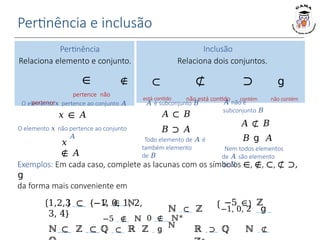 Pertinência e inclusão
Pertinência
Relaciona elemento e conjunto.
∈ ∉
pertence não
pertence
Exemplos: Em cada caso, complete as lacunas com os símbolos ∈, ∉, ⊂, ⊄ ⊃,
𝗀
da forma mais conveniente em
2 ∈ ℕ −5 ∈ ℤ
−5 ∉ ℕ 0 ∉ ℕ∗
Inclusão
Relaciona dois conjuntos.
⊂ ⊄ ⊃ 𝗀
está contido não está contido contém não contém
O elemento 𝑥 pertence ao conjunto 𝐴
𝑥 ∈ 𝐴
O elemento 𝑥 não pertence ao conjunto
𝐴
𝑥
∉ 𝐴
𝐴 é subconjunto 𝐵
𝐴 ⊂ 𝐵
𝐵 ⊃ 𝐴
Todo elemento de 𝐴 é
também elemento
de 𝐵
𝐴 não é
subconjunto 𝐵
𝐴 ⊄ 𝐵
𝐵 𝗀 𝐴
Nem todos elementos
de 𝐴 são elemento
de 𝐵
1,2,3 ⊂ {−1, 0, 1, 2,
3, 4}
ℕ ⊂ ℤ ⊂ ℚ ⊂ ℝ ℤ 𝗀
ℕ ⊂ ℤ −1, 0, 2 𝗀
ℕ
ℝ ⊃ ℚ ℕ ⊄
 