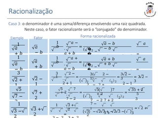 Racionalização
Forma racionalizada
Caso 3: o denominador é uma soma/diferença envolvendo uma raiz quadrada.
Neste caso, o fator racionalizante será o “conjugado” do denominador.
𝑎
− 𝑏
Exemplo Fator
1
𝑎
+ 𝑏
𝑎
+ 𝑏
1
𝑎
− 𝑏
1 𝑎 −
𝑏
⋅
𝑎 + 𝑏
𝑎 − 𝑏
=
�
�
2 −
𝑎 − 𝑏 𝑎
− 𝑏
𝑎 ⋅ 𝑏 + 𝑎 ⋅ 𝑏 − 𝑏2
=
𝑎
− 𝑏2
1 𝑎 +
𝑏
⋅
𝑎 − 𝑏
𝑎 + 𝑏
=
�
�
2 −
𝑎 + 𝑏 𝑎
+ 𝑏
𝑎 ⋅ 𝑏 + 𝑎 ⋅ 𝑏 − 𝑏2
=
𝑎
− 𝑏2
2 −
1
3
2 +
1
7 +
2
5
7 −
2
3 2 −
1
⋅
2 + 1
2 − 1
=
3( 2 −
1)
2
2 − 2 +
2 −
1 2
=
3 2 −
3
2 − 1
= 3 2 −
3
5 7
+ 2
⋅
7 − 2
7 + 2
=
2 2
=
35 + 2
5
3
3 +
2
1
3 −
2
1 3 +
2
⋅
=
5 7
+ 2
2
7 − 2 7 + 2
7 −
3 +
2
3 − 2 3 + − 2 3 −
2
2 = 2 +
3
 