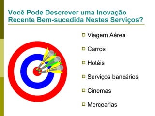 Você Pode Descrever uma Inovação
Recente Bem-sucedida Nestes Serviços?


Viagem Aérea



Carros



Hotéis



Serviços bancários



Cinemas



Mercearias

 