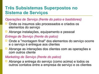 Três Subsistemas Superpostos no
Sistema de Serviços
Operações de Serviço (frente do palco e bastidores)
 Onde os insumos são processados e criados os
elementos do serviço
 Abrange instalações, equipamento e pessoal
Entrega de Serviço (frente do palco)
 Onde a "montagem final" dos elementos do serviço ocorre
e o serviço é entregue aos clientes
 Abrange as interações dos clientes com as operações e
com outros cliente
Marketing de Serviço (frente do palco)
 Abrange a entrega do serviço (como acima) e todos os
outros contatos entre a empresa de serviço e os clientes

 