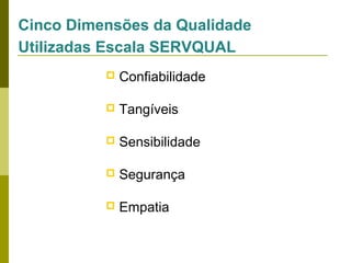 Cinco Dimensões da Qualidade
Utilizadas Escala SERVQUAL


Confiabilidade



Tangíveis



Sensibilidade



Segurança



Empatia

 