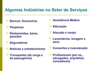 Algumas Indústrias no Setor de Serviços


Bancos, financeiras



Assistência Médica



Poupança



Educação



Restaurantes, bares,
pensões



Atacado e varejo



Lavanderias, lavagem a
seco



Seguradoras



Notícias e entretenimento



Consertos e manutenção



Transportes (de carga e
de passageiros)



Profissionais (por ex.,
advogados, arquitetos,
consultores)

 