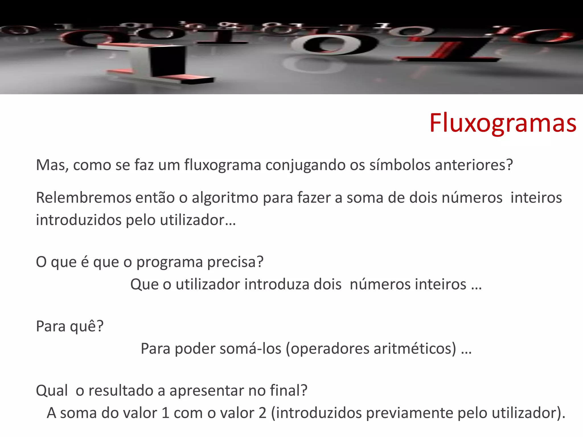 Fluxogramas
Mas, como se faz um fluxograma conjugando os símbolos anteriores?
Relembremos então o algoritmo para fazer a soma de dois números inteiros
introduzidos pelo utilizador…
O que é que o programa precisa?
Que o utilizador introduza dois números inteiros …
Para quê?
Para poder somá-los (operadores aritméticos) …
Qual o resultado a apresentar no final?
A soma do valor 1 com o valor 2 (introduzidos previamente pelo utilizador).
 