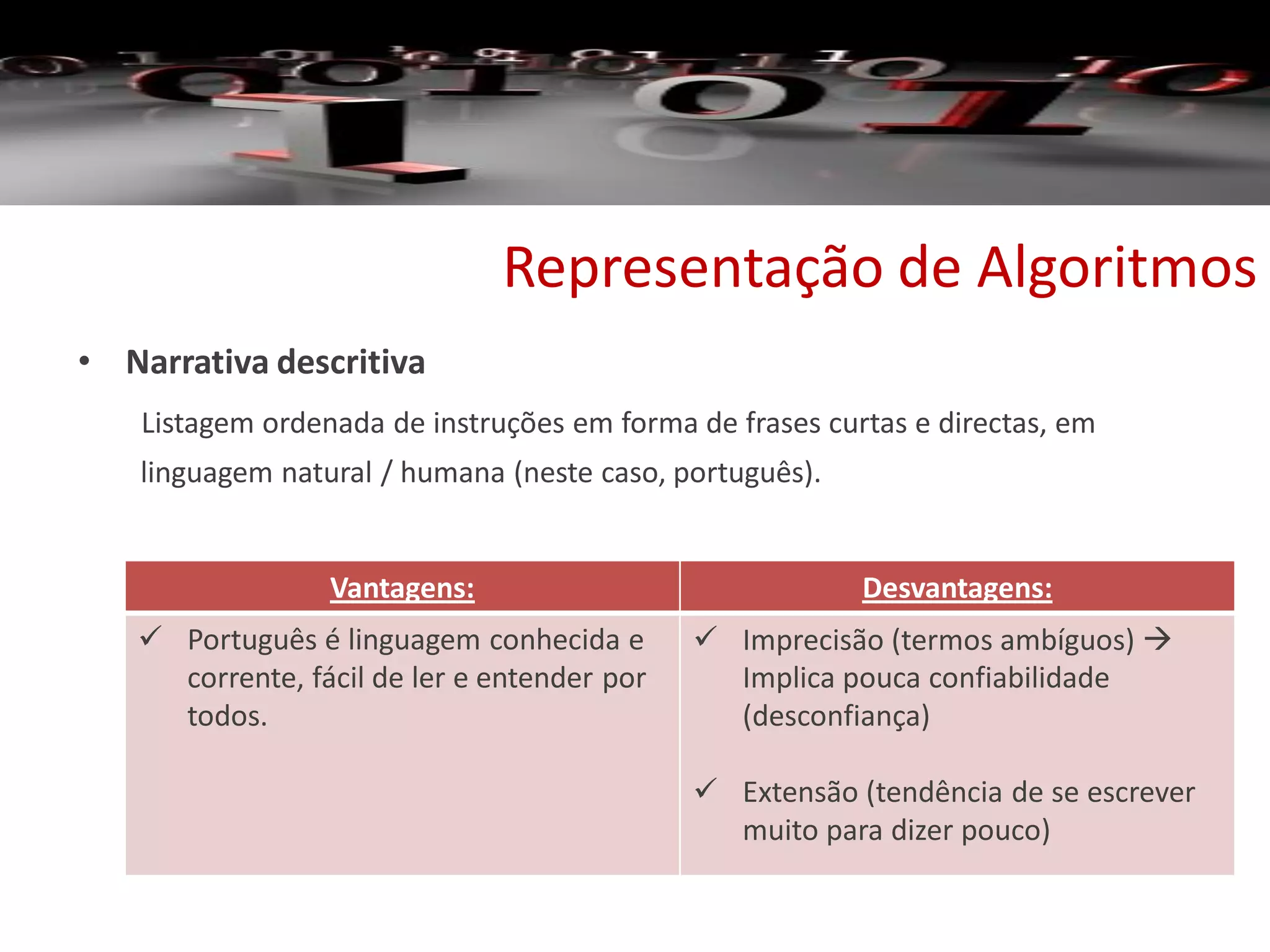 • Narrativa descritiva
Listagem ordenada de instruções em forma de frases curtas e directas, em
linguagem natural / humana (neste caso, português).
Representação de Algoritmos
Vantagens: Desvantagens:
 Português é linguagem conhecida e
corrente, fácil de ler e entender por
todos.
 Imprecisão (termos ambíguos) 
Implica pouca confiabilidade
(desconfiança)
 Extensão (tendência de se escrever
muito para dizer pouco)
 