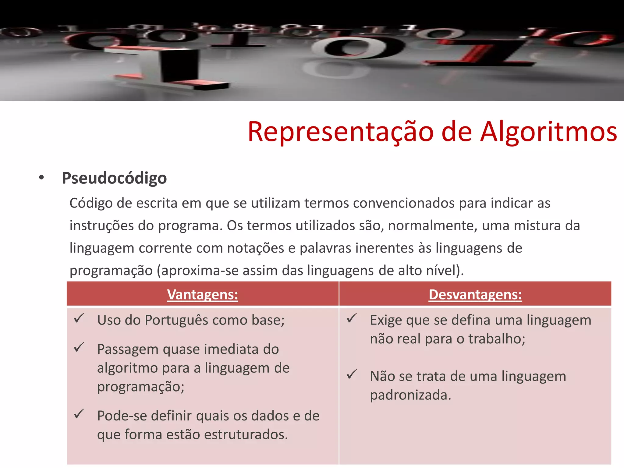 • Pseudocódigo
Código de escrita em que se utilizam termos convencionados para indicar as
instruções do programa. Os termos utilizados são, normalmente, uma mistura da
linguagem corrente com notações e palavras inerentes às linguagens de
programação (aproxima-se assim das linguagens de alto nível).
Representação de Algoritmos
Vantagens: Desvantagens:
 Uso do Português como base;
 Passagem quase imediata do
algoritmo para a linguagem de
programação;
 Pode-se definir quais os dados e de
que forma estão estruturados.
 Exige que se defina uma linguagem
não real para o trabalho;
 Não se trata de uma linguagem
padronizada.
 
