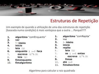 Estruturas de Repetição
Um exemplo de quando a utilização de uma das estruturas de repetição
(baseada numa condição) é mais vantajosa que a outra … Porquê???
Algoritmo para calcular a raiz quadrada
inteirointeiro
 