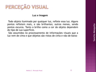 Modulo 2 - Perceção Visual 77
SanchoMesquita
Luz e Imagem
Todo objeto iluminado por qualquer luz, reflete essa luz. Alguns...