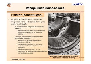 Máquinas Síncronas
    Estátor (constituição)
•   Do ponto de vista eléctrico, o estátor da
    máquina síncrona é idêntico ao da máquina
    assíncrona (indução)
     –   Os enrolamentos, em geral, ligam-se em
         estrela (Y)
           •   A tensão é 1/√3 ou 58% da tensão de linha,
               permitindo uma redução no isolamento
               eléctrico
     –   Em carga, a tensão pode ficar distorcida e
         deixar de ser sinusoidal
           •   A distorção é sobretudo devida ao 3.º
               harmónico (150 Hz)
           •   Na ligação em estrela, o 3.º harmónico
               cancela-se na tensão entre linhas (tensão
               composta)
           •   Na ligação em triângulo (∆), os 3.ºs
               harmónicos de tensão somam-se e aparecem
               nas tensões compostas.

                                                            Montagem de enrolamentos no estátor
                                                               de máquina síncrona (metade)
    Máquinas Eléctricas
 