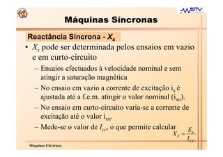 Máquinas Síncronas
Reactância Síncrona - Xs
• Xs pode ser determinada pelos ensaios em vazio
  e em curto-circuito
    – Ensaios efectuados à velocidade nominal e sem
      atingir a saturação magnética
    – No ensaio em vazio a corrente de excitação ix é
      ajustada até a f.e.m. atingir o valor nominal (ixn).
    – No ensaio em curto-circuito varia-se a corrente de
      excitação até o valor ixn.
    – Mede-se o valor de Icc, o que permite calcular       E
                                                     XS =      n
                                                            I CC
 Máquinas Eléctricas
 