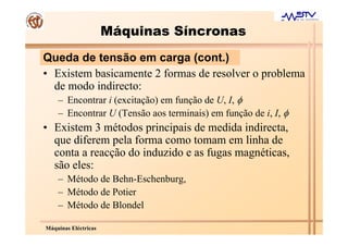 Máquinas Síncronas
Queda de tensão em carga (cont.)
• Existem basicamente 2 formas de resolver o problema
  de modo indirecto:
    – Encontrar i (excitação) em função de U, I, φ
    – Encontrar U (Tensão aos terminais) em função de i, I, φ
• Existem 3 métodos principais de medida indirecta,
  que diferem pela forma como tomam em linha de
  conta a reacção do induzido e as fugas magnéticas,
  são eles:
    – Método de Behn-Eschenburg,
    – Método de Potier
    – Método de Blondel

Máquinas Eléctricas
 