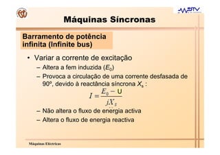 Máquinas Síncronas
Barramento de potência
infinita (Infinite bus)
 • Variar a corrente de excitação
     – Altera a fem induzida (E0)
     – Provoca a circulação de uma corrente desfasada de
       90º, devido à reactância síncrona Xs :
                                  U


     – Não altera o fluxo de energia activa
     – Altera o fluxo de energia reactiva


 Máquinas Eléctricas
 