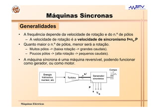 Máquinas Síncronas
Generalidades
•     A frequência depende da velocidade de rotação e do n.º de pólos
       – A velocidade de rotação é a velocidade de sincronismo f=ns.P
•     Quanto maior o n.º de pólos, menor será a rotação.
       – Muitos pólos -> (baixa rotação -> grandes caudais).
       – Poucos pólos -> (alta rotação -> pequenos caudais).
•     A máquina síncrona é uma máquina reversível, podendo funcionar
      como gerador, ou como motor.




    Máquinas Eléctricas
 