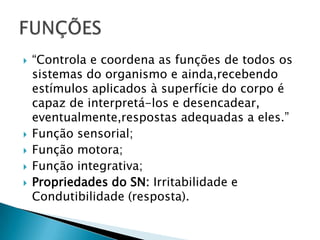  “Controla e coordena as funções de todos os
sistemas do organismo e ainda,recebendo
estímulos aplicados à superfície do corpo é
capaz de interpretá-los e desencadear,
eventualmente,respostas adequadas a eles.”
 Função sensorial;
 Função motora;
 Função integrativa;
 Propriedades do SN: Irritabilidade e
Condutibilidade (resposta).
 