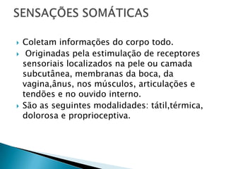  Coletam informações do corpo todo.
 Originadas pela estimulação de receptores
sensoriais localizados na pele ou camada
subcutânea, membranas da boca, da
vagina,ânus, nos músculos, articulações e
tendões e no ouvido interno.
 São as seguintes modalidades: tátil,térmica,
dolorosa e proprioceptiva.
 