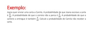 Exemplo:
Joana quer enviar uma carta a Camila. A probabilidade de que Joana escreve a carta
é
8
10
. A probabilidade de que o correio não a perca é
9
10
. A probabilidade de que o
carteiro a entregue é também
9
10
. Calcule a probabilidade de Camila não receber a
carta.
 