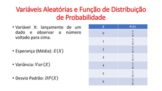 Variáveis Aleatórias e Função de Distribuição
de Probabilidade
• Variável X: lançamento de um
dado e observar o número
voltado para cima.
• Esperança (Média): 𝐸 𝑋
• Variância: 𝑉𝑎𝑟 𝑋
• Desvio Padrão: 𝐷𝑃 𝑋
𝑿 𝑷 𝑿
0
1
6
1
1
6
2
1
6
3
1
6
4
1
6
5
1
6
6
1
6
 