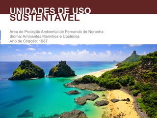 Área de Proteção Ambiental de Fernando de Noronha
Bioma: Ambientes Marinhos e Costeiros
Ano de Criação: 1987
UNIDADES DE USO
SUSTENTÁVEL
 