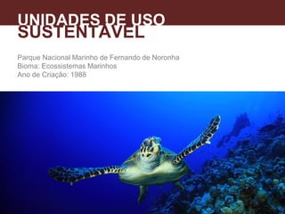 Parque Nacional Marinho de Fernando de Noronha
Bioma: Ecossistemas Marinhos
Ano de Criação: 1988
UNIDADES DE USO
SUSTENTÁVEL
 