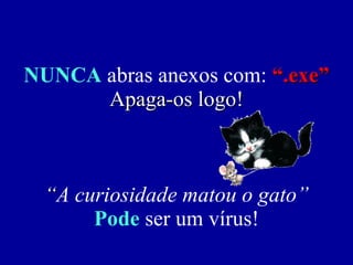 NUNCA  abras anexos com:   “.exe” Apaga-os logo! “ A curiosidade matou o gato” Pode  ser um vírus! 