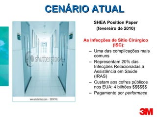 SHEA Position Paper (fevereiro de 2010) As Infecções de Sítio Cirúrgico (ISC): Uma das complicações mais comuns Representam 20% das Infecções Relacionadas a Assistência em Saúde (IRAS) Custam aos cofres públicos nos EUA: 4 bilhões $$$$$$ Pagamento por  performace CENÁRIO ATUAL 