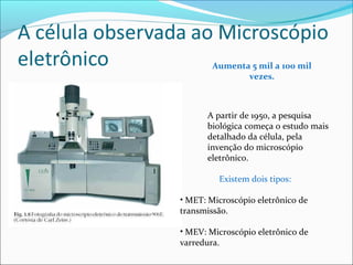 A partir de 1950, a pesquisa
biológica começa o estudo mais
detalhado da célula, pela
invenção do microscópio
eletrônico.
Aumenta 5 mil a 100 mil
vezes.
Existem dois tipos:
• MET: Microscópio eletrônico de
transmissão.
• MEV: Microscópio eletrônico de
varredura.
 