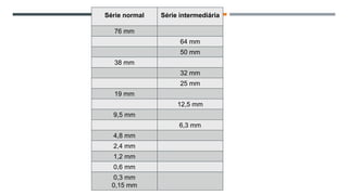 ENSAIO DE
Série normal Série intermediária
76 mm
64 mm
50 mm
38 mm
32 mm
25 mm
19 mm
12,5 mm
9,5 mm
6,3 mm
4,8 mm
2,4 mm
1,2 mm
0,6 mm
0,3 mm
0,15 mm
 
