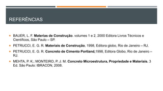 REFERÊNCIAS
 BAUER, L. F. Materias de Construção. volumes 1 e 2, 2000 Editora Livros Técnicos e
Científicos, São Paulo – SP.
 PETRUCCI, E. G. R. Materiais de Construção, 1998, Editora globo, Rio de Janeiro – RJ.
 PETRUCCI, E. G. R. Concreto de Cimento Portland,1998, Editora Globo, Rio de Janeiro –
RJ.
 MEHTA, P. K.; MONTEIRO, P. J. M. Concreto Microestrutura, Propriedade e Materiais. 3
Ed. São Paulo: IBRACON, 2008.
 