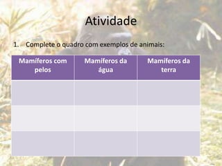 Atividade
1. Complete o quadro com exemplos de animais:
Mamíferos com
pelos
Mamíferos da
água
Mamíferos da
terra