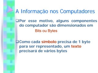 A Informação nos Computadores
 Por esse motivo, alguns componentes
 do computador são dimensionados em
        Bits ou Bytes

 Como cada símbolo precisa de 1 byte
 para ser representado, um texto
 precisará de vários bytes
 