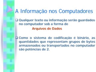 A Informação nos Computadores
 Qualquer texto ou informação serão guardados
 no computador sob a forma de
        Arquivos de Dados

 Como o sistema de codificação é binário, as
 quantidades que representam grupos de bytes
 armazenados ou transportados no computador
 são potências de 2.
 