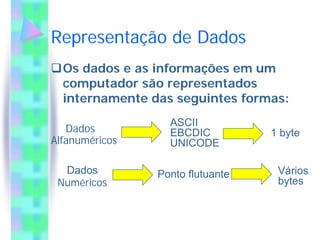 Representação de Dados
  Os dados e as informações em um
  computador são representados
  internamente das seguintes formas:
                  ASCII
   Dados          EBCDIC          1 byte
Alfanuméricos     UNICODE

  Dados         Ponto flutuante    Vários
 Numéricos                         bytes
 