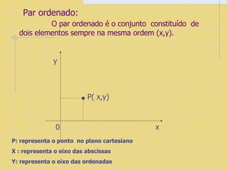 O par ordenado é o conjunto  constituído  de dois elementos sempre na mesma ordem (x,y).  x y 0 P( x,y) P: representa o ponto  no plano cartesiano X : representa o eixo das abscissas Y: representa o eixo das ordenadas Par ordenado: 