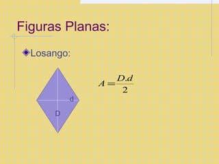 Figuras Planas: 
Losango: 
A =D.d 
2 
d 
D 
 