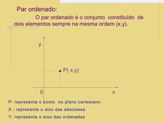 Par ordenado: 
O par ordenado é o conjunto constituído de 
dois elementos sempre n a mesma ordem (x,y). 
x 
y 
0 
P( x,y) 
P: representa o ponto no plano cartesiano 
X : representa o eixo das abscissas 
Y: representa o eixo das ordenadas 
 