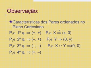 Observação: 
Características dos Pares ordenados no 
Plano Cartesiano 
P1 Î 1º q. Þ (+, +) P5Î X Þ (x, 0) 
P2 Î 2º q. Þ (-, +) P6Î Y Þ (0, y) 
P3 Î 3º q. Þ (-, -) P7Î X Ç Y Þ(0, 0) 
P4 Î 4º q. Þ (+, -) 
 